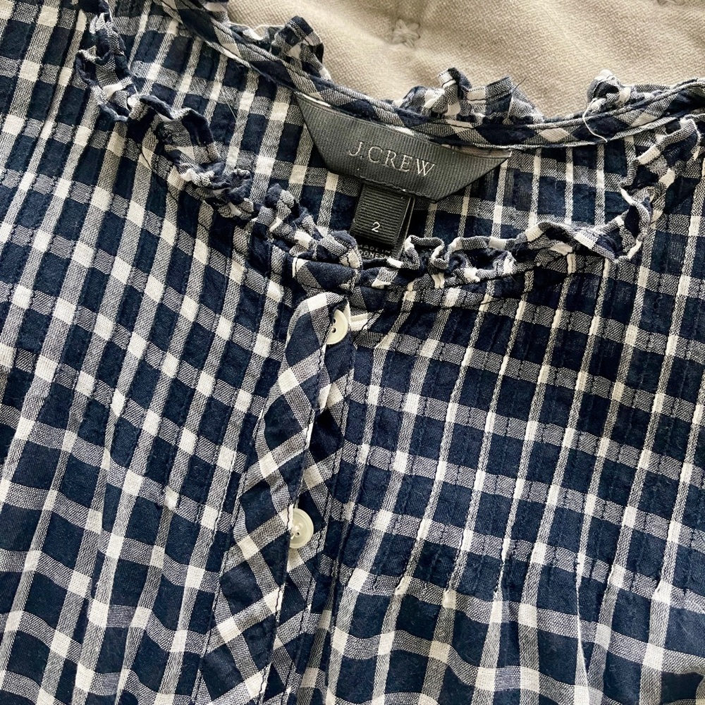 JCrew Navy Gingham Smocked Popover Shirt, Size 2